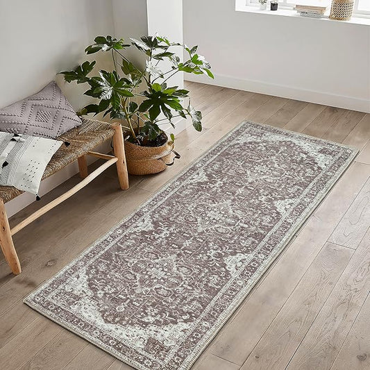 Bloom Rugs Washable Non-Slip 10 ft Runner - Dark Brown Traditional Medallion Runner for Entryway, Hallway, Bathroom, and Kitchen - Exact Size: 2.5' x 10'