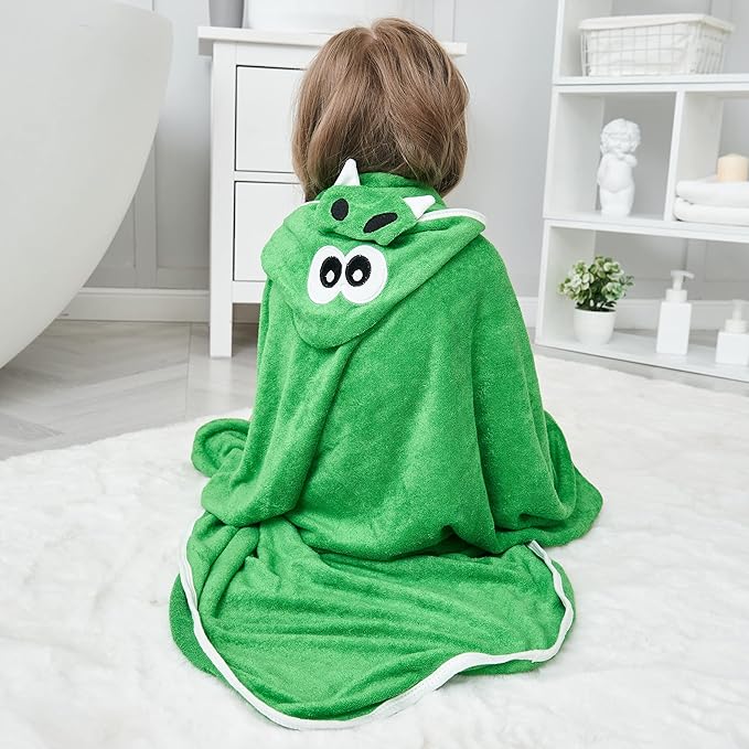 HIPHOP PANDA Hooded Towel - Rayon Made from Bamboo, Bath Towel with Bear Ears for Newborn, Babie, Toddler, Infant - Absorbent Large Baby Towel - Dinosaur, 37.5 x 37.5 Inch