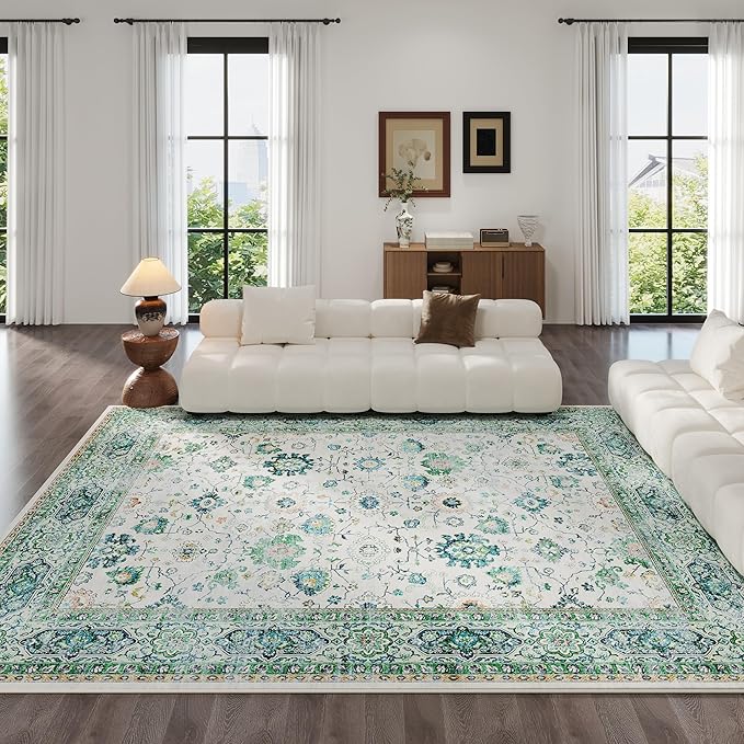 Area Rugs 8x10 Rug for Living Room Clearance Washable Boho Area Rug Non Slip Soft Vintage Low Pile Large Rug for Living Room, Bedroom, Farmhouse, Dining Room, Kids Playroom(Green)