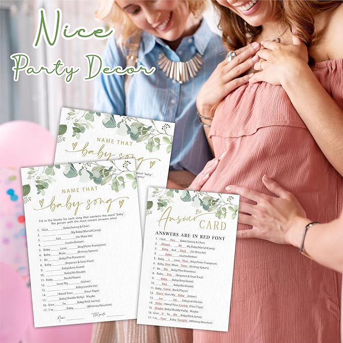 Name That Baby Song Baby Shower Game Cards - Golden Greenery - 30 Double-Sided Fill In Style Game Cards With Answer Card, Gender Reveal, Baby Announcement, Party Games & Activity - D15