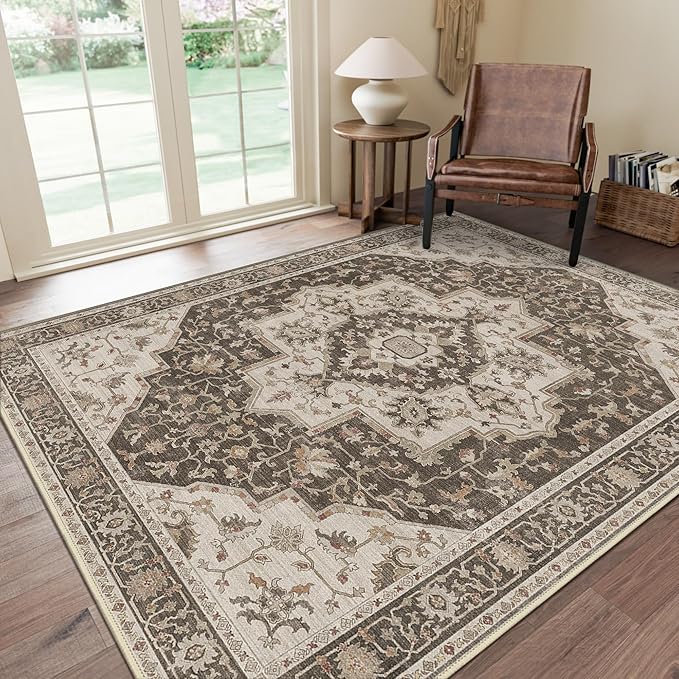 GENIMO 8x10 Area Rugs for Living Room, Machine Washable Non Slip Vintage Retro Rugs, Low Pile Lightweight Chenille Print Rug for Bedroom, Dining Room, Home Office, Ebony Taupe