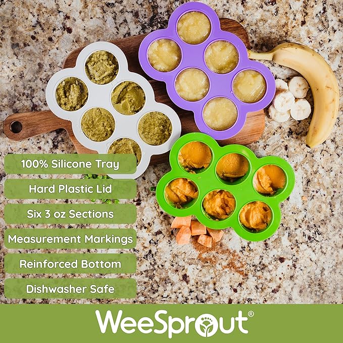 WeeSprout Silicone Baby Food Freezer Tray with Clip-on Lid - Perfect Storage Container for Homemade Baby Food, Vegetable & Fruit Purees, and Breast Milk (Matte Green, Six 3 Ounce Sections)