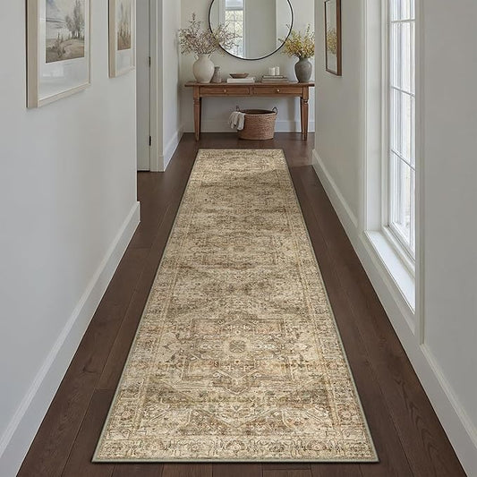 Brown Multi Hallway Runner Rug 3x10 Vintage Washable Distressed Area Carpet Kitchen Indoor Non Slip Long Traditional Medallion Retro Accent Throw Rug for Bedroom Laundry Dining Living Room