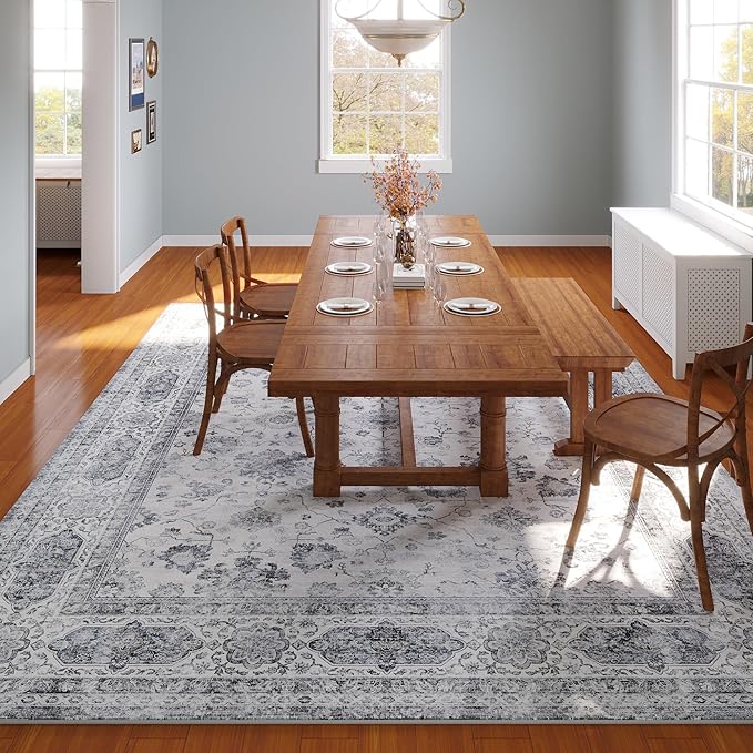 Area Rugs 8x10 Rug for Living Room Washable Boho Area Rug Non Slip Soft Vintage Low Pile Large Rug for Living Room, Bedroom, Farmhouse, Dining Room, Kids Playroom(Grey and White)