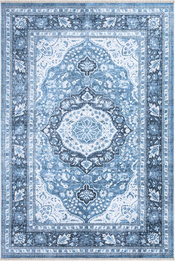 Bloom Rugs Caria Washable Non-Slip 8x10 Rug - Blue Traditional Area Rug for Living Room, Bedroom, Dining Room, and Kitchen - Exact Size: 7'8" x 10'