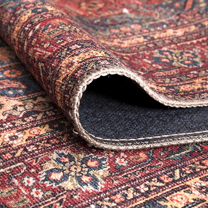 Bloom Rugs Washable Non-Slip 7 ft Runner - Red/Teal Blue/Yellow Traditional Medallion Runner for Entryway, Hallway, Bathroom, and Kitchen - Exact Size: 2.5' x 7'