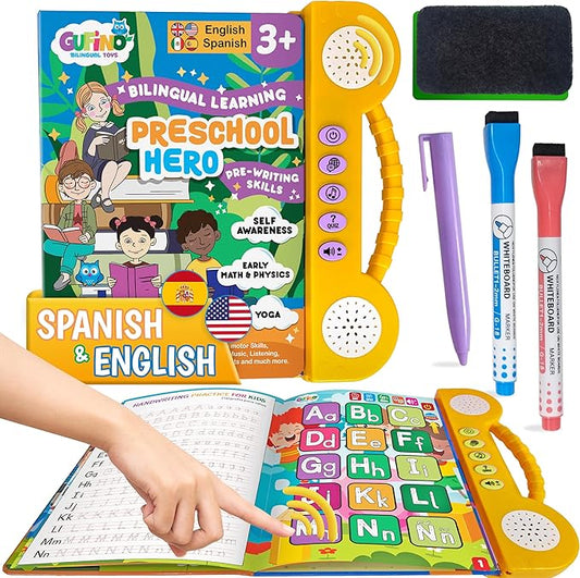 Interactive Bilingual Toy | Talking Busy Book for Toddlers 3-5 | Spanish Workbook with Dry Erase Activities | Preschool School Supplies in Spanish and English