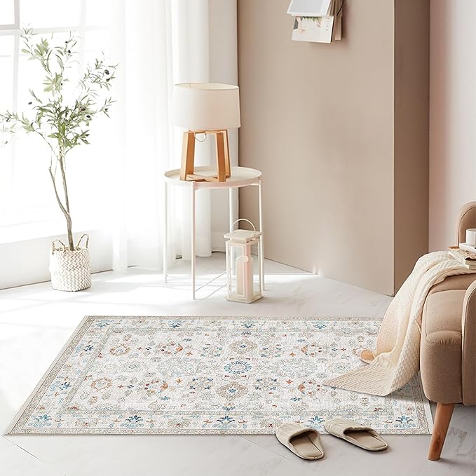 Washable Soft Small Boho Area Rugs, Rags Rug, Printed Carpet Chennile Rugs for Living Room 27x45 inch Cream Rust Multi,Machine Washable Printed Rugs - 30% Cotton, 70% Polyester