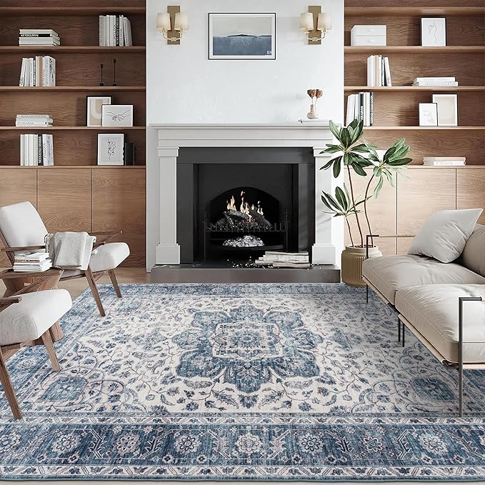 ReaLife Rugs Machine Washable Area Rug Runner - Living Room Bedroom Bathroom Kitchen Entryway Office - Padded Low Pile Stain Resistant Premium - Boho Farmhouse Vintage - Joy - Blue Ivory 3' x 5'