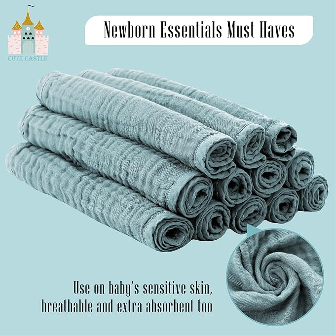 Cute Castle 12 Pack Muslin Burp Cloths for Baby - Ultra-Soft 100% Cotton Baby Washcloths - Large 20'' by 10'' Super Absorbent Milk Spit Up Rags - Burpy Cloths for Unisex, Boy, Girl - Dark Green