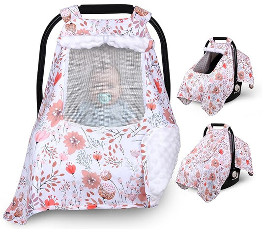 Car Seat Cover Baby, Carseat Covers Baby with 2 Layers Breathable Zipper Windows, Windproof Infant Car Seat Cover, Kick-Proof Baby Carrier Cover for Baby Girl Newborn Essentials
