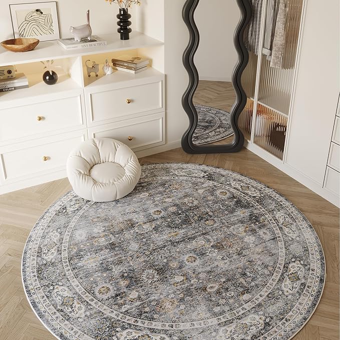 Round Rug 4ft Washable Circle Rug Non Slip Low Pile Boho Small Circular Rug for Bedroom, Bathroom, Entryway, Kids Room, Office, College Dorm(Grey and Brown)