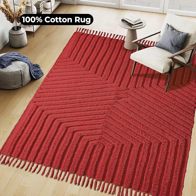 Boho Rugs for Living Room 4x6, Farmhouse Cotton Area Rug for Bedroom, Washable Tufted Indoor Floor Carpet for Kitchen Dorm Office Dining Room Office Home Decor, Rust Bricks