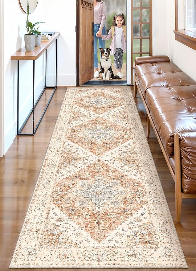Ciicool Washable Vintage Runner Rug - 2'6" x 10' ft Hallway Carpet, Boho Low Pile Long Non Slip Soft Stair Runner Kitchen Carpet Indoor Oriental Throw for Living Room Bathroom Entry