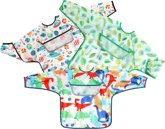 PandaEar (3 Pack Long Sleeve Bibs| Waterproof Full Sleeve Bib for Baby Infant Toddler 6-36 Months