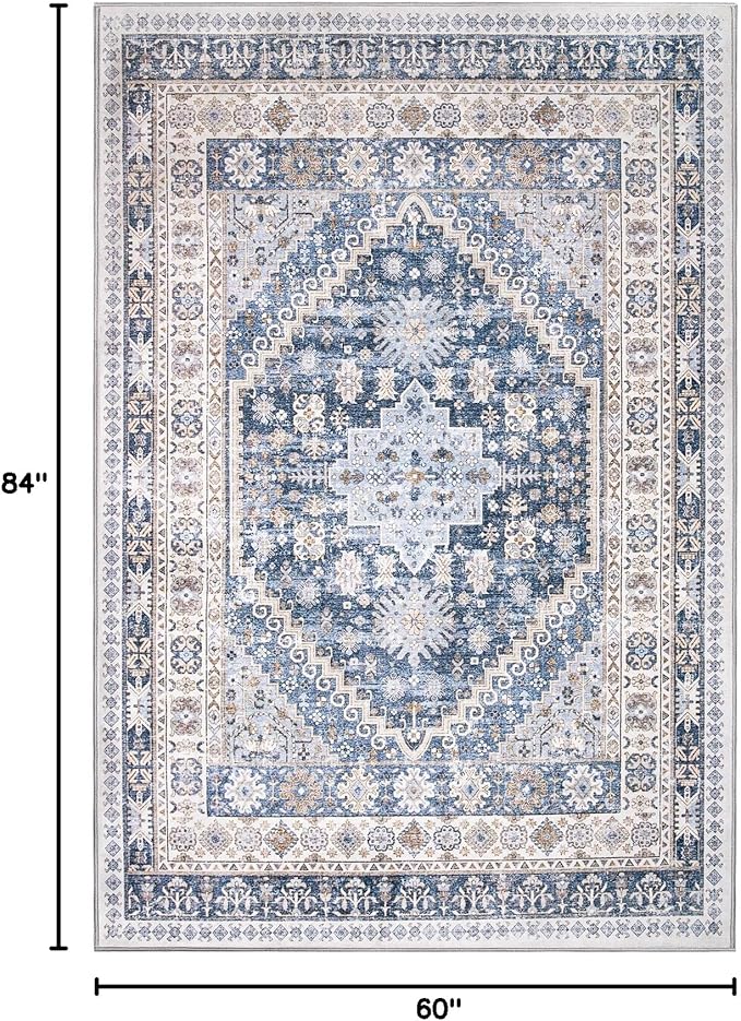 zesthome 5x7 Area Rugs - Ultra-Thin Washble Rug, Stain Resistant Anti Slip Backing Rugs for Living Room,Bedroom, Vintage Home Decor Area Rug (Blue/Beige,5'x7')
