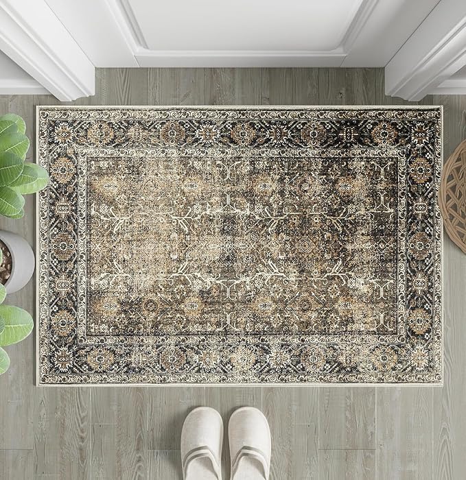 Brown Entryway Rug 2x3 Vintage Area Carpet Indoor Kitchen Washable Door Mat Living Room Entrance Small Low Pile Traditional Distressed Retro Accent Throw Rug Non Slip Office Bathroom