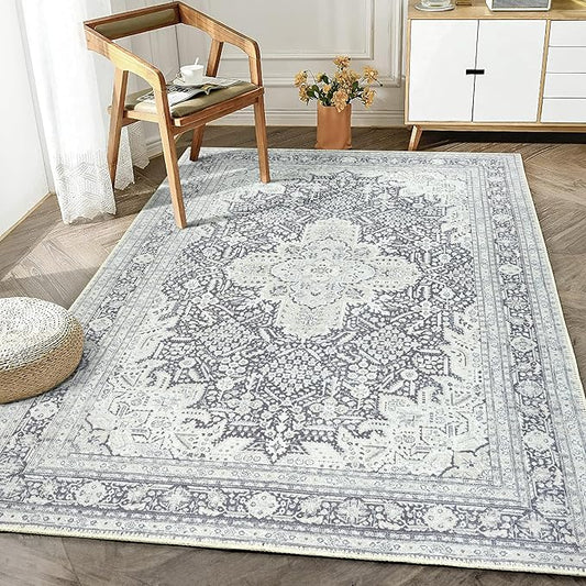 Bloom Rugs Washable Non-Slip 5' x 7' Rug - Charcoal Blue Traditional Medallion Area Rug for Living Room, Bedroom, Dining Room, and Kitchen - Exact Size: 5' x 7'