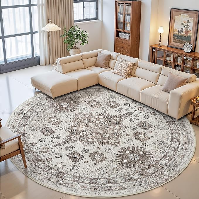 zesthome 9ft Round Rugs for Living Room, Non-Slip Washable Round Area Rugs, Ultra-Thin Large Circle Rugs, Soft Low Pile Rug for Bedroom, Kitchen - Vintage Stain Resistant Round Rug (Brown/Beige,9'x9')