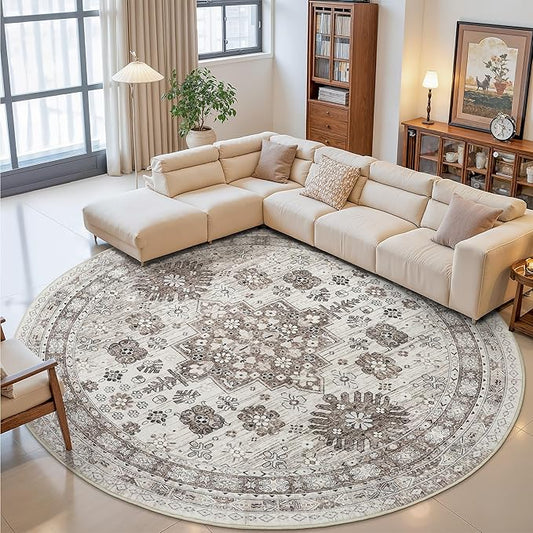 zesthome 9ft Round Rugs for Living Room, Non-Slip Washable Round Area Rugs, Ultra-Thin Large Circle Rugs, Soft Low Pile Rug for Bedroom, Kitchen - Vintage Stain Resistant Round Rug (Brown/Beige,9'x9')