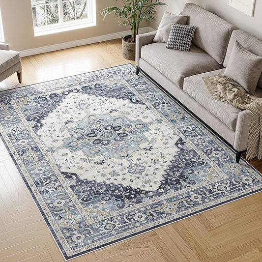 Dripex 8x10 Area Rugs - Stain Resistant Washable Rug Distressed Rugs for Living Room Dining Room Bedroom Anti-Slip Low-Pile and Soft Accent Rug Farmhouse Office Home Decor, Pet & Child Friendly