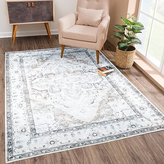 Bloom Rugs Washable Non-Slip 6' x 9' Rug - Brown/Beige/Charcoal Traditional Area Rug for Living Room, Bedroom, Dining Room, and Kitchen - Exact Size: 6' x 9'