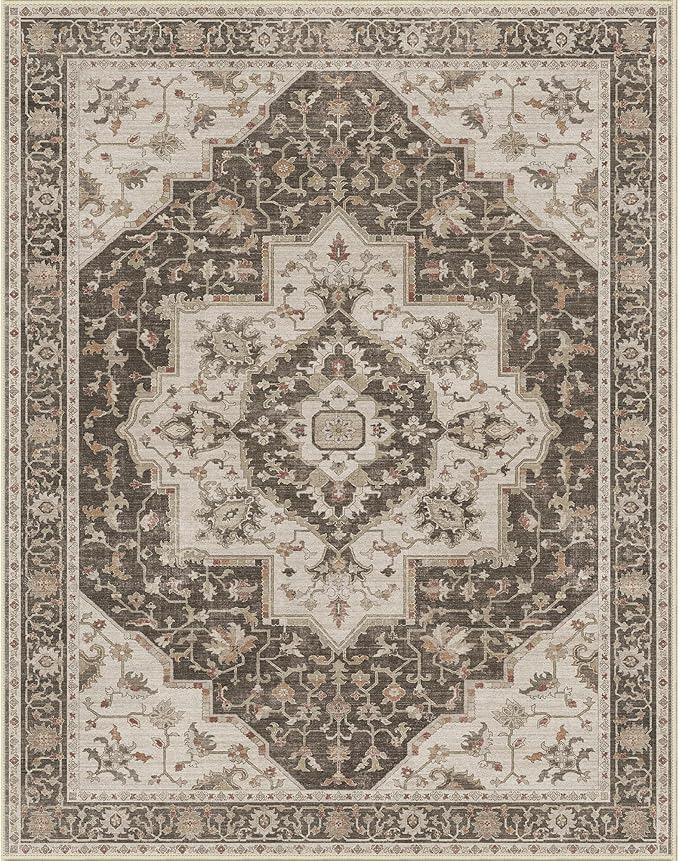 GENIMO 8x10 Area Rugs for Living Room, Machine Washable Non Slip Vintage Retro Rugs, Low Pile Lightweight Chenille Print Rug for Bedroom, Dining Room, Home Office, Ebony Taupe