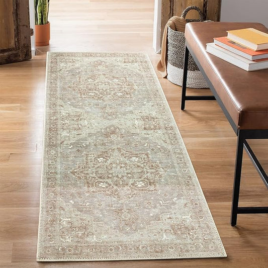 Bloom Rugs Washable Non-Slip 7 ft Runner - Beige/Gray Traditional Runner for Entryway, Hallway, Bathroom, and Kitchen - Exact Size: 2.5' x 7'
