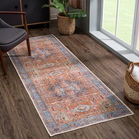 Bloom Rugs Washable 7 ft Runner - Terracotta/Blue Traditional Runner for Entryway, Hallway, Bathroom, and Kitchen - Exact Size: 2.5' x 7'