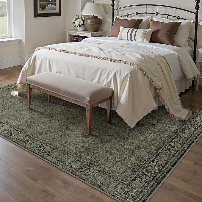 Vintage Area Rug 9x12 Washable Olive Brown Living Room Carpet Large Indoor Non Slip Bedroom Low Pile Kitchen Distressed Retro Accent Throw Rug for Dining Room