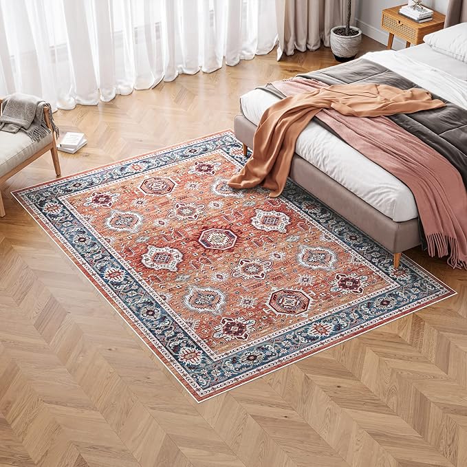 Dripex Vintage Washable Area Rug - 4x6 Distressed Rugs for Living Room Bedroom Oriental Medallion Floral Print Carpet Low-Pile Indoor Soft Non-Slip Accent Rug Farmhouse Office Home Decor
