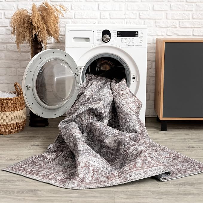 Bloom Rugs Washable 10 ft Runner - Brown/Dark Gray Traditional Runner for Entryway, Hallway, Bathroom, and Kitchen - Exact Size: 2.5' x 10'