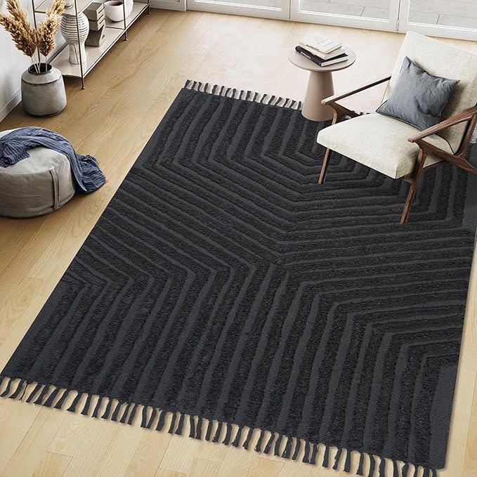 Boho Bathroom Rug 4' x 6', Washable Hand-Woven Tufted Cotton with Tassels, Farmhouse Kitchen Mat for Foyer, Bedroom, Back Door Décor - Dark Grey