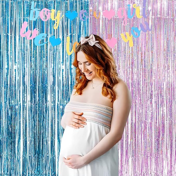 BRAVESHINE Pink Blue Tinsel Foil Fringe Curtains - 2Pcs 3.2x8.2ft Holidays Photo Streamers Backdrop for Easter Girl or Boy Birthdays Bridal Shower Party Supplies Decorations