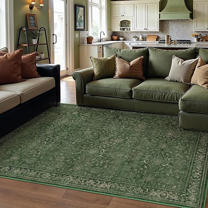 Vintage Area Rug 6x9 Washable Green Living Room Carpet Large Indoor Non Slip Bedroom Low Pile Kitchen Distressed Retro Accent Throw Rug for Dining Room