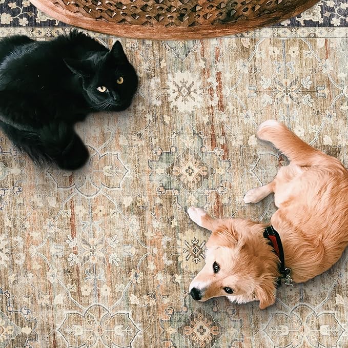 ReaLife Rugs Machine Washable Area Rug Runner - Living Room Bedroom Bathroom Kitchen Entryway Office - Padded Low Pile Stain Resistant Premium - Boho Farmhouse Vintage - BEV - Beige Tan Brown 3' x 5'