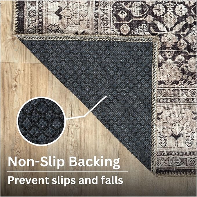 Bloom Rugs Washable Non-Slip 12 ft Runner - Charcoal/Beige Traditional Bordered Runner for Entryway, Hallway, Bathroom, and Kitchen - Exact Size: 2.5' x 12'