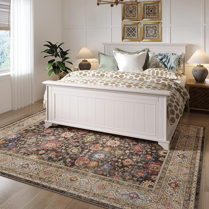 Living Room Rug 6x9 Rug Machine Washable Boho Area Rug Non Slip Vintage Low Pile Large Rug for Living Room, Bedroom, Farmhouse, Dining Room, Kids Playroom (Dark Espresso)