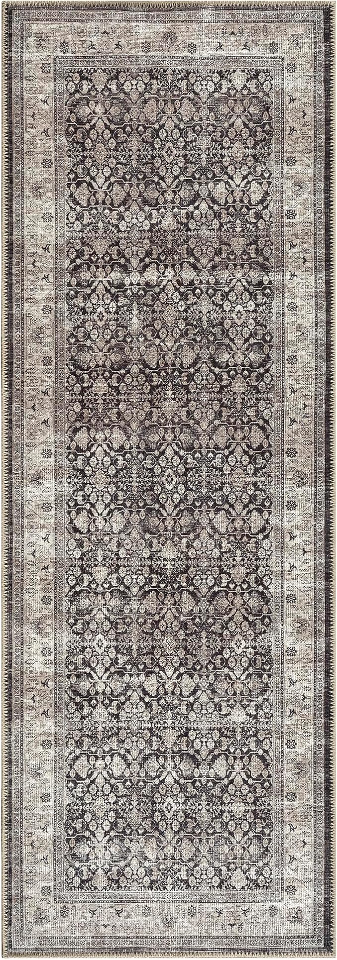 Bloom Rugs Washable Non-Slip 12 ft Runner - Charcoal/Beige Traditional Bordered Runner for Entryway, Hallway, Bathroom, and Kitchen - Exact Size: 2.5' x 12'