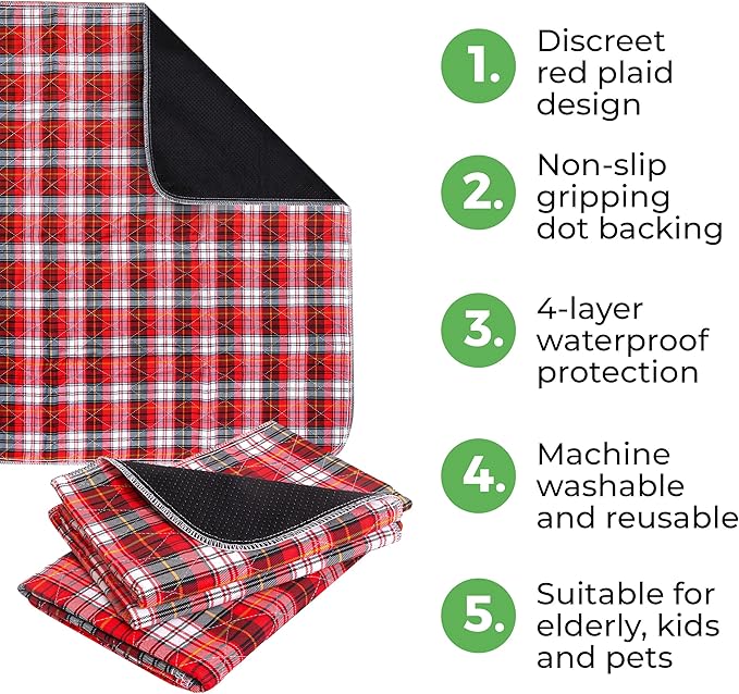 Bed Pads Washable Waterproof, Incontinence Bed Pads for Women and Men, Reusable Waterproof Mattress Protector, Non-Slip, 36" x 34", Red Plaid, 2 Pack