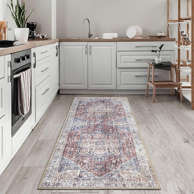 Bloom Rugs Washable Non-Slip 12 ft Runner - Red/Blue Traditional Medallion Runner for Entryway, Hallway, Bathroom, and Kitchen - Exact Size: 2.5' x 12'