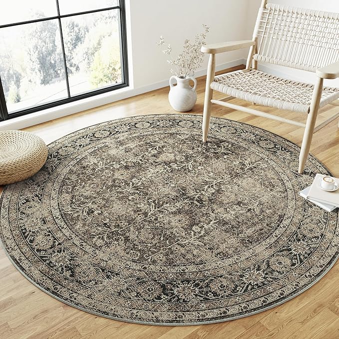 Brown Round Area Rug 5ft Washable 5x5 Circle Vintage Low Pile Indoor Kitchen Living Room Carpet Non Slip Traditional Distressed Retro Accent Throw Rug Office Dining Room Bathroom