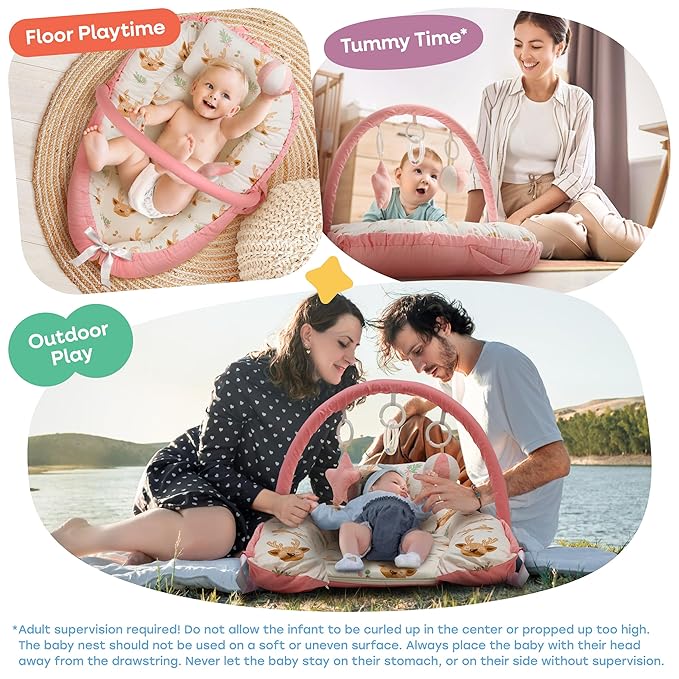 Portable Baby Lounger for Newborn w/Removable Arch & 3 Toys - Infant Lounger w/ 38% More Protection - Comfort, Breathable and Soft Floor Dock a Tot for Home and Travel | 0-24 (Pink)