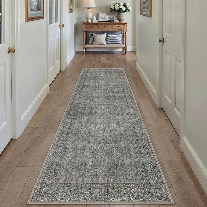 Grey Brown Runner Rug 2x8 Vintage Carpet Hallway Long Indoor Kitchen Washable Living Room Low Pile Traditional Distressed Retro Accent Throw Rug Non Slip Laundry Bathroom Office Dining Room