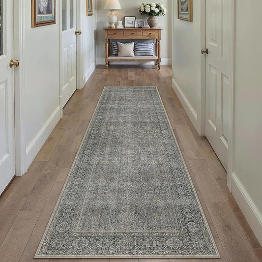 Grey Brown Runner Rug 2x8 Vintage Carpet Hallway Long Indoor Kitchen Washable Living Room Low Pile Traditional Distressed Retro Accent Throw Rug Non Slip Laundry Bathroom Office Dining Room