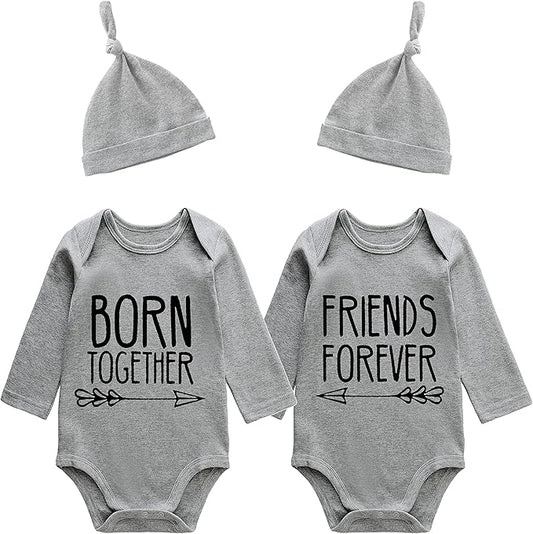 YSCULBUTOL Baby Twins Bodysuits Best Friends Forever Baby Clothes Set with Bibs Girl Outfit with hat