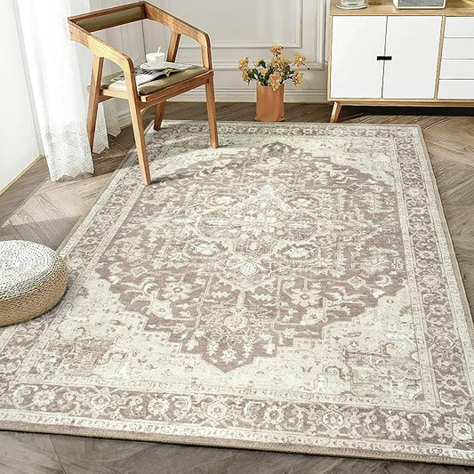 Bloom Rugs Washable Non-Slip 5' x 7' Rug - Light Brown Traditional Medallion Area Rug for Living Room, Bedroom, Dining Room, and Kitchen - Exact Size: 5' x 7'