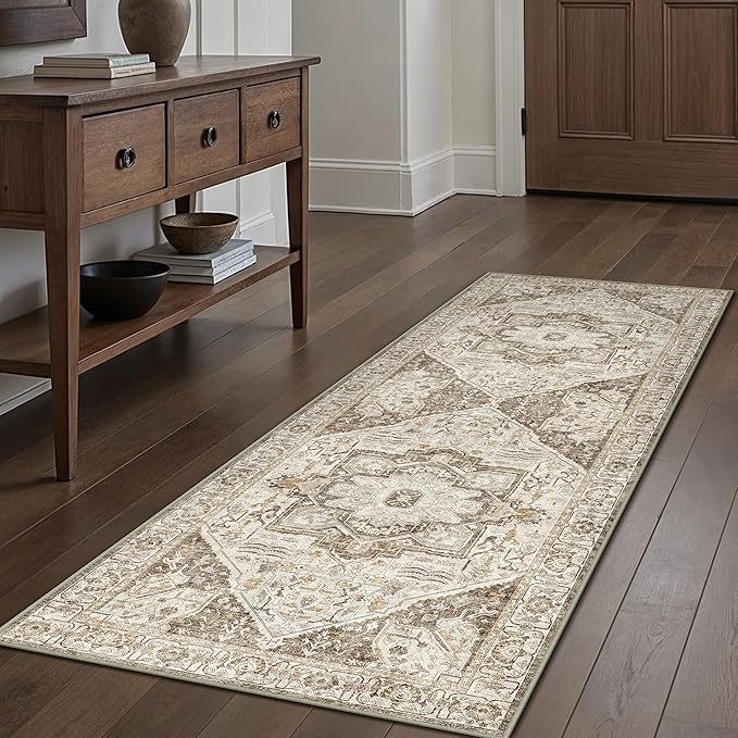 Brown Hallway Runner Rug 2x7 Vintage Washable Distressed Area Carpet Kitchen Indoor Non Slip Long Traditional Medallion Retro Accent Throw Rug for Bedroom Laundry Office Dining Living Room