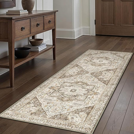 Brown Hallway Runner Rug 2x7 Vintage Washable Distressed Area Carpet Kitchen Indoor Non Slip Long Traditional Medallion Retro Accent Throw Rug for Bedroom Laundry Office Dining Living Room