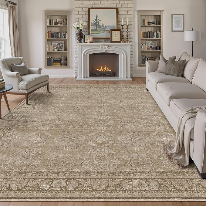 8x10 Light Brown Area Rug for Living Room Washable Vintage Distressed Carpet Large Bedroom Low Pile Non Slip Indoor Soft Retro Throw Accent Rug Office Kitchen Bathroom Dining Room